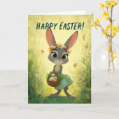 Gray Bunny Wearing Flower-Crown w/ Easter Basket Karte (Gelbe Blume)