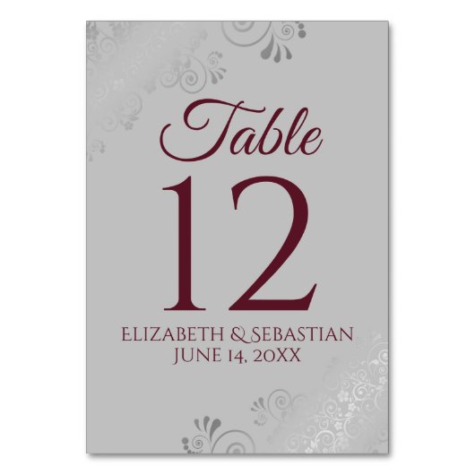 Gray & Burgundy Elegant Filigree Wedding Tischnummer (Rückseite)