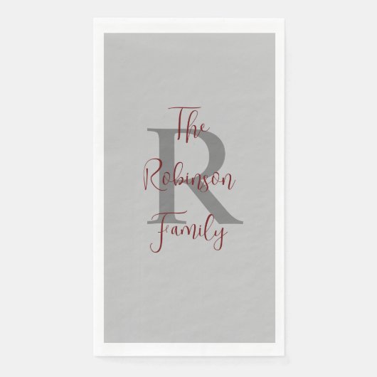 Gray Burgundy Name Monogram Paper Guest Handtuch Serviette (Vorderseite)