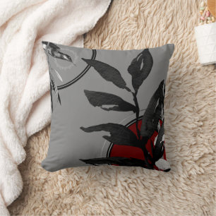 Gray Burgundy Red & Black Watercolor Botanic Kissen