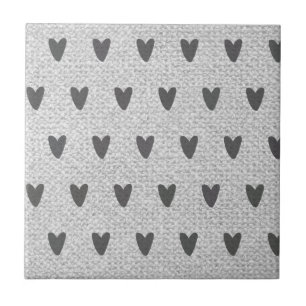 Gray Burlap Whimsical Hearts Rustikales Bauernhaus Fliese