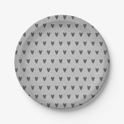 Gray Burlap Whimsical Hearts Rustikales Bauernhaus Pappteller (Vorderseite)
