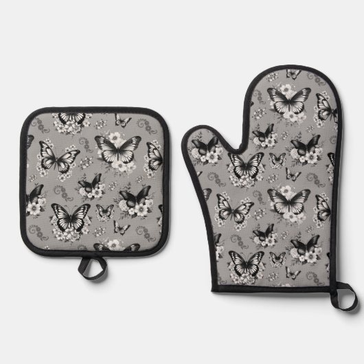 Gray Butterfly Pattern Ofenhandschuh & Topflappen-Set (Vorderseite)