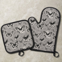 Gray Butterfly Pattern Ofenhandschuh & Topflappen-Set