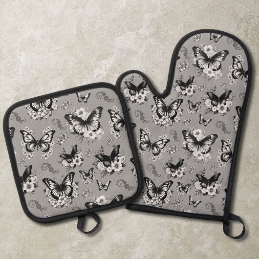 Gray Butterfly Pattern Ofenhandschuh & Topflappen-Set