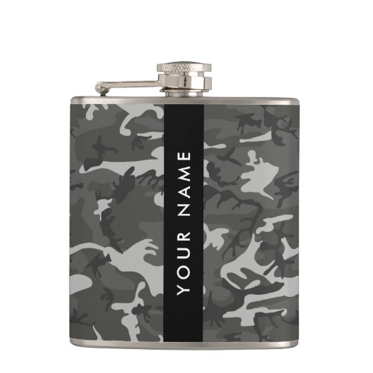 Gray Camouflage Pattern, Your name, Personalize Flachmann (Vorderseite)