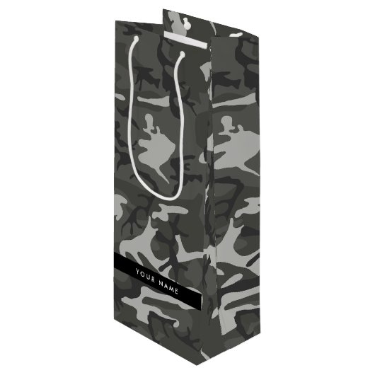 Gray Camouflage Pattern, Your name, Personalize Geschenktüte Für Weinflaschen (Vorderseite Schrägansicht)