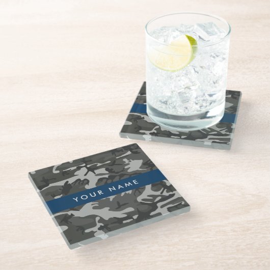 Gray Camouflage Pattern, Your name, Personalize Glasuntersetzer (Schrägansicht)