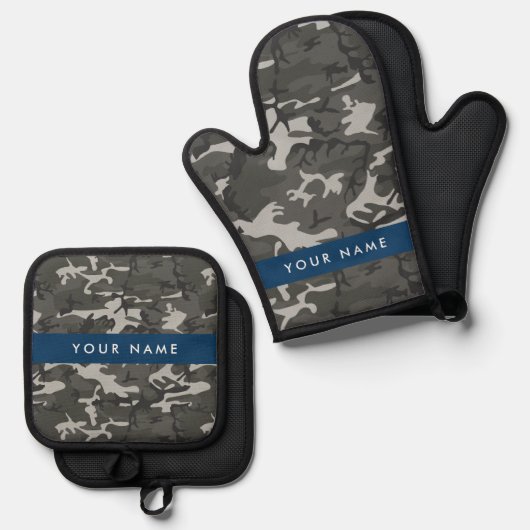 Gray Camouflage Pattern, Your name, Personalize Ofenhandschuh & Topflappen-Set (Vorderseite/Rückseite)