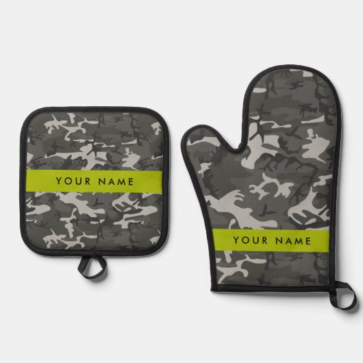Gray Camouflage Pattern, Your name, Personalize Ofenhandschuh & Topflappen-Set (Vorderseite)