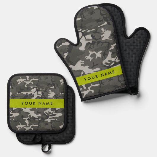 Gray Camouflage Pattern, Your name, Personalize Ofenhandschuh & Topflappen-Set (Vorderseite/Rückseite)