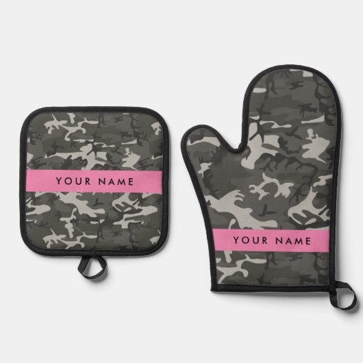 Gray Camouflage Pattern, Your name, Personalize Ofenhandschuh & Topflappen-Set (Vorderseite)