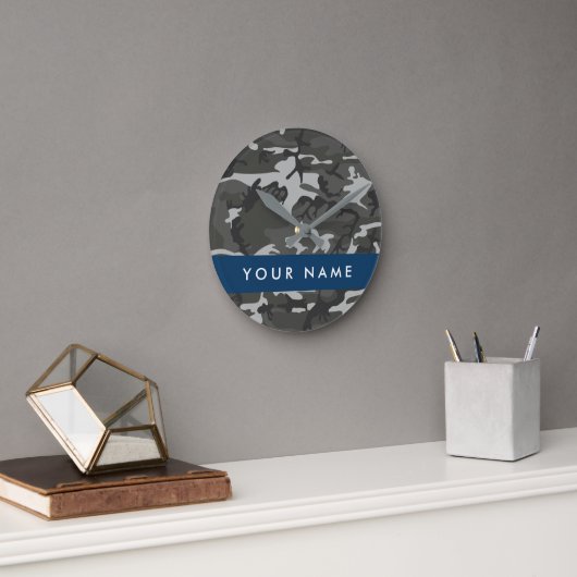 Gray Camouflage Pattern, Your name, Personalize Runde Wanduhr (Büro)