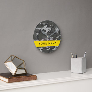 Gray Camouflage Pattern, Your name, Personalize Runde Wanduhr