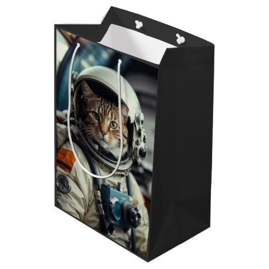 Gray Cat Astronaut im Weltraum Mittlere Geschenktüte (Rückseite Schrägansicht)
