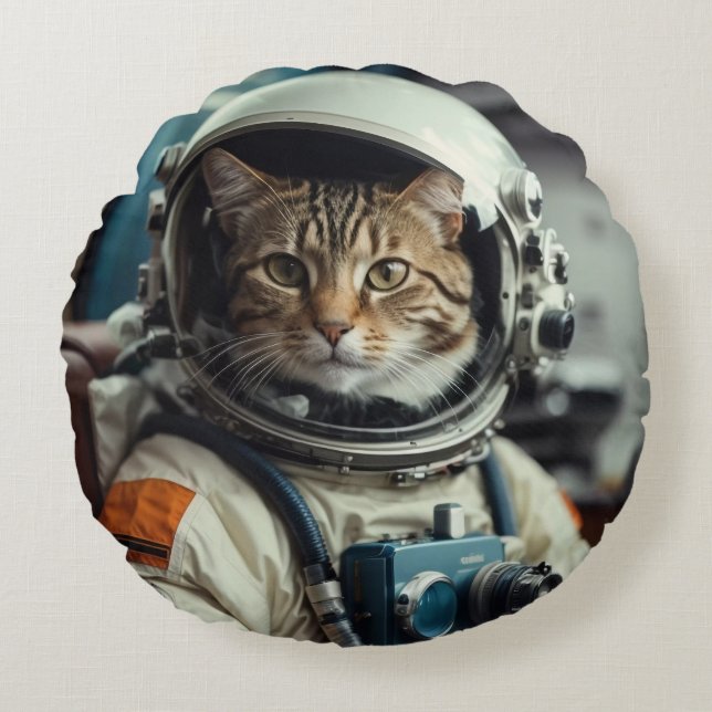 Gray Cat Astronaut im Weltraum Rundes Kissen (Vorderseite)