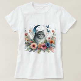 Gray Cat Blue Butterfly Floral T-Shirt