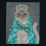 Gray Cat | Mit Glockenportrait verziert Puzzle<br><div class="desc">Dieser Ausdruck einer Katze,  gekleidet in einem Federboa,  Schmuck und einem Tiara | Von Fab Funky</div>
