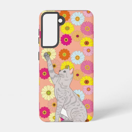 Gray Cat Reaching for Flowers Samsung Galaxy Case Samsung Galaxy Hülle (Rückseite)
