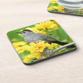 Gray Catbird on wooden fence Getränkeuntersetzer (Linke Seite)