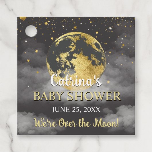 Gray Celestie Over the Moon and Stars Baby Shower Geschenkanhänger (Vorderseite)
