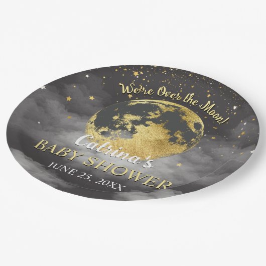 Gray Celestie Over the Moon and Stars Baby Shower Pappteller (Schrägansicht)