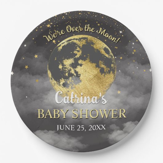 Gray Celestie Over the Moon and Stars Baby Shower Pappteller (Vorderseite)