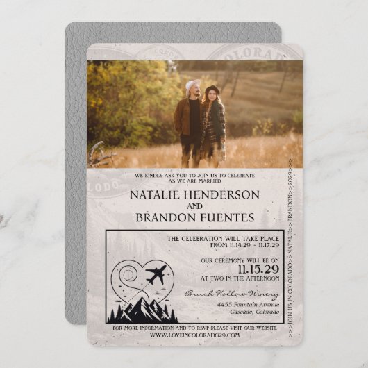 Gray Colorado Passport Wedding Einladung (Vorne/Hinten)