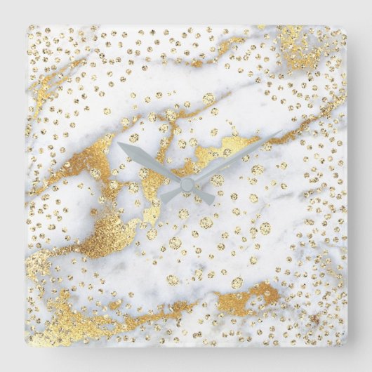 Gray Confetti Diamonds Crystals Marble Gold Faux Quadratische Wanduhr (Vorderseite)