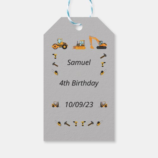 Gray Construction Boy Birthday Bilingual Danke Geschenkanhänger (Rückseite)