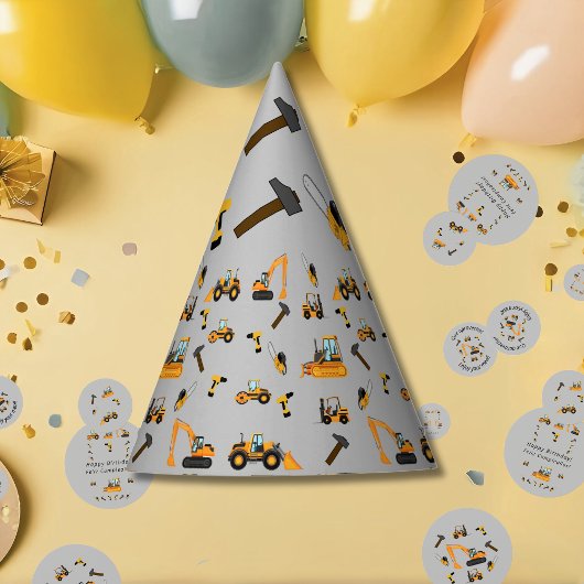 Gray Construction Boy Birthday Bilingual Party Partyhütchen