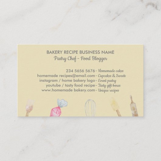 Gray Cook Koch Aquarell Backutensien Bäckerei Visitenkarte (Rückseite)