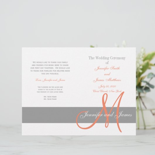 Gray Coral Wedding Program | Monogramm (Stehend Vorderseite)