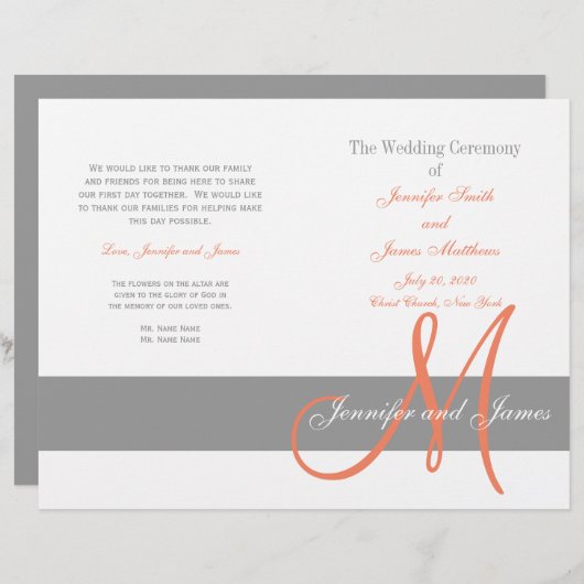 Gray Coral Wedding Program | Monogramm (Vorne/Hinten)
