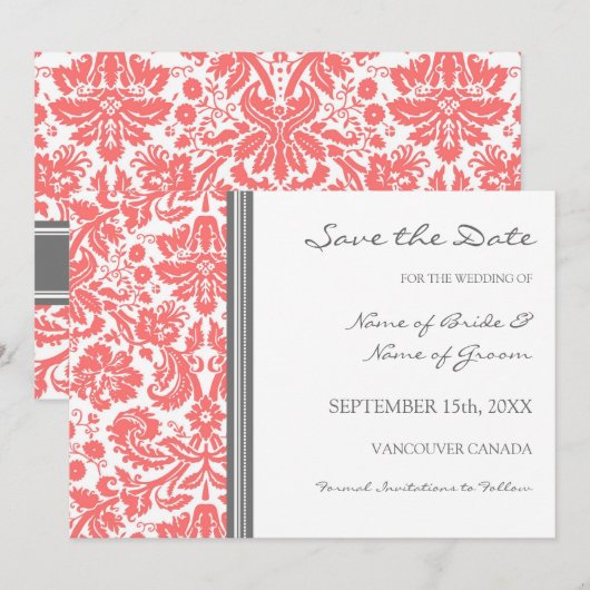 Gray Coral Wedding Save the Date Card (Vorne/Hinten)
