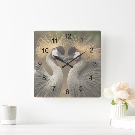 Gray Crowned Crane Liebe Quadratische Wanduhr (Zuhause)