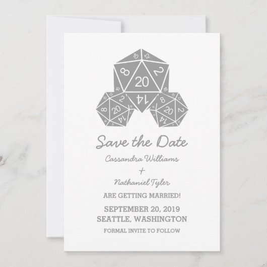 Gray D20 Dice Save the Date einladen Einladung (Vorderseite)