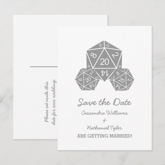 Gray D20 Dice Save the Date Postkarte (Vorne/Hinten)