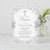 Gray Damask Cross-Taufe Einladung (Stehend Vorderseite)