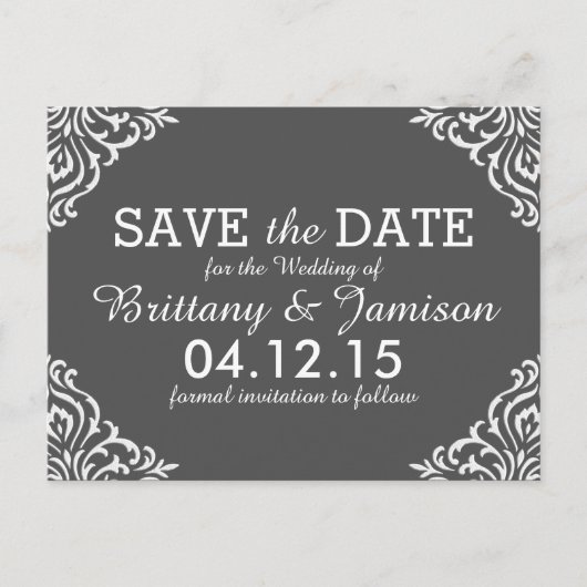 Gray Damask Elegante Save the Date Postkarte (Vorderseite)