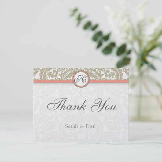 Gray Damask mit Coral & Gray Wedding Danke (Stehend Vorderseite)