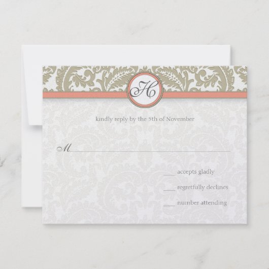 Gray Damask mit Coral & Gray Wedding RSVP (Vorderseite)