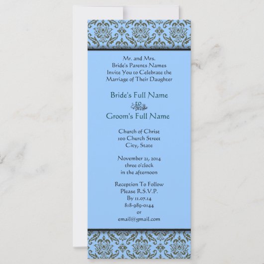 Gray Damask on Aqua Blue Wedding Einladung (Vorderseite)