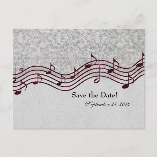 Gray Damask Red Music Save the Date Ankündigungspostkarte (Vorderseite)