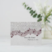 Gray Damask Red Music Save the Date Ankündigungspostkarte (Stehend Vorderseite)