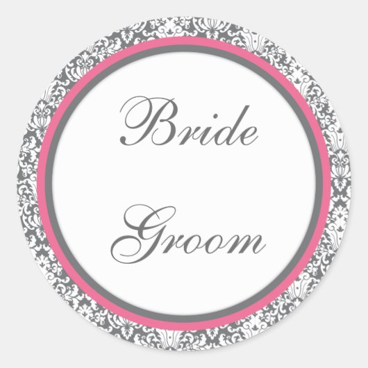 Gray Damask (rosa) Hochzeitsticker Runder Aufkleber (Vorderseite)