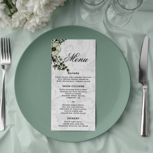Gray Damask und Green Bouquet Boho Wedding Menükarte
