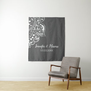 Gray Damask White Lace Wandteppich