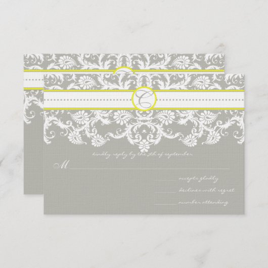 Gray Damask Wirbel Bright Yellow Wedding RSVP (Vorne/Hinten)