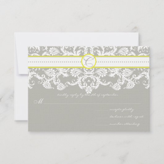 Gray Damask Wirbel Bright Yellow Wedding RSVP Karte (Vorderseite)